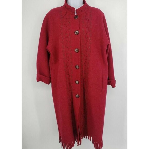 J.Jill Red Long Coat Jacket Size Medium Peruvian Alpaca Wool Blend Embroidery - Picture 1 of 12